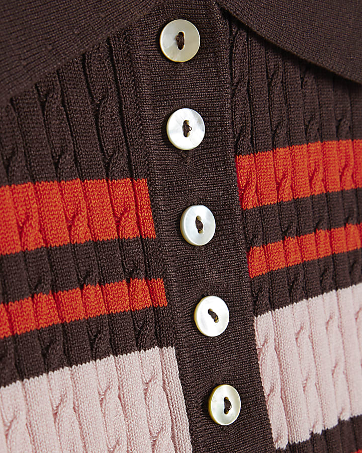 Brown Striped Cable Knit Polo Shirt