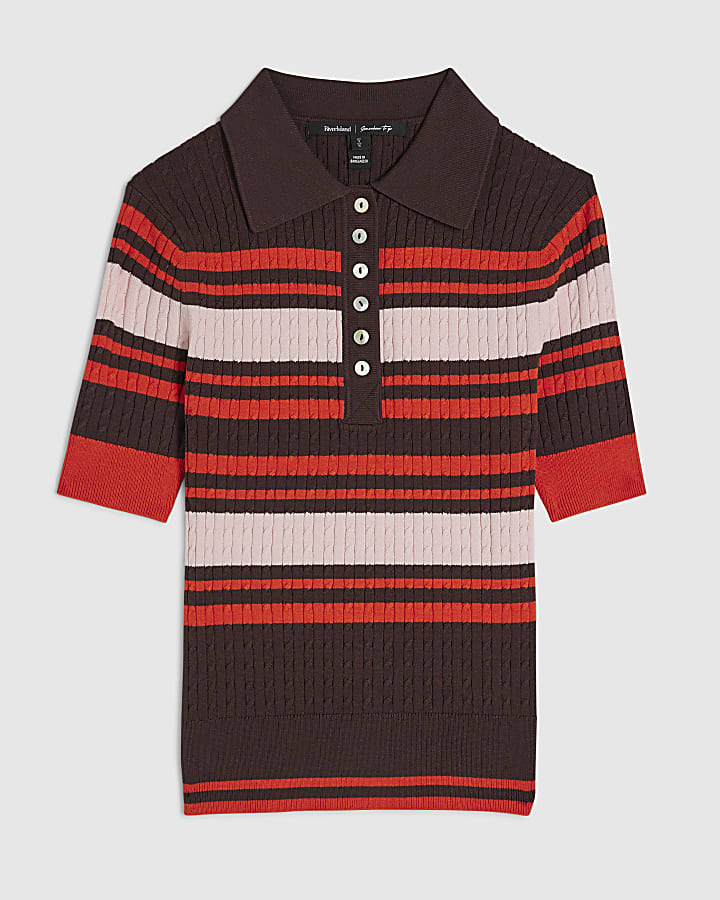Brown Striped Cable Knit Polo Shirt