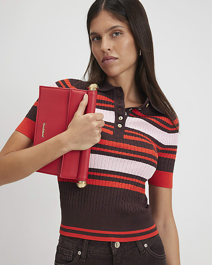 Brown Striped Cable Knit Polo Shirt