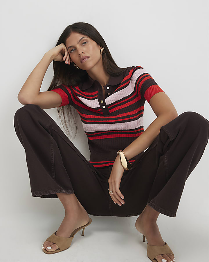 Brown Striped Cable Knit Polo Shirt
