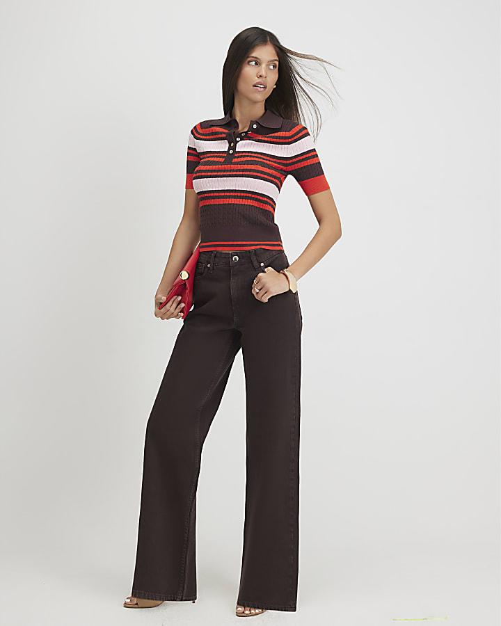 Brown Striped Cable Knit Polo Shirt
