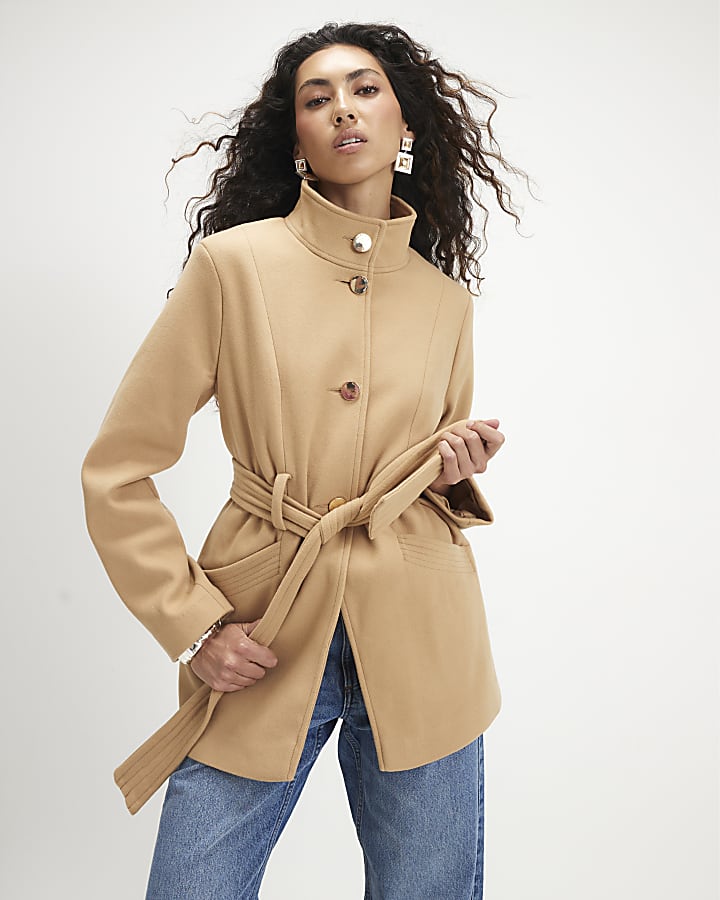Beige Belted Short Coat