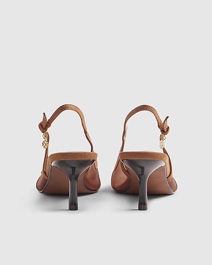 Brown Mesh Splice Slingback Court Heels