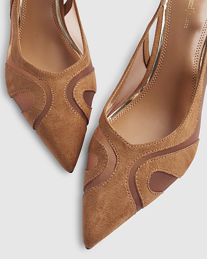 Brown Mesh Splice Slingback Court Heels