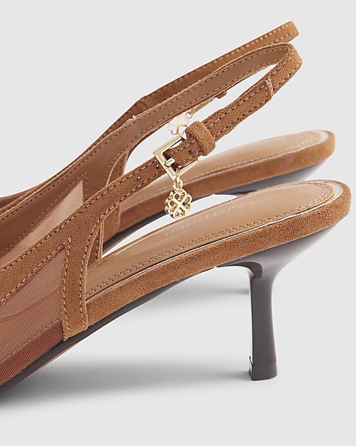 Brown Mesh Splice Slingback Court Heels