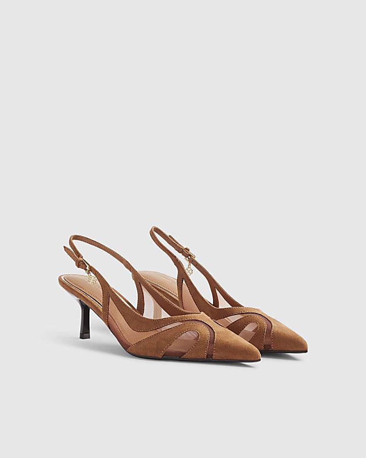 Brown Mesh Splice Slingback Court Heels