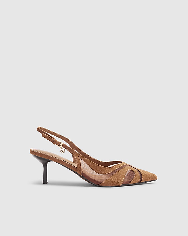 Brown Mesh Splice Slingback Court Heels