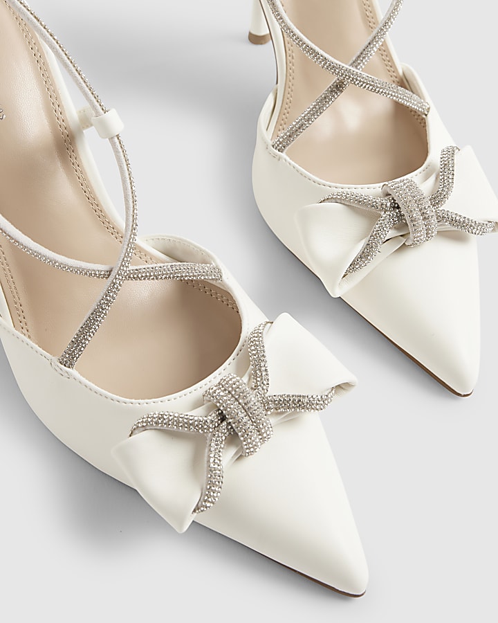 White Bow Diamante Court Heels
