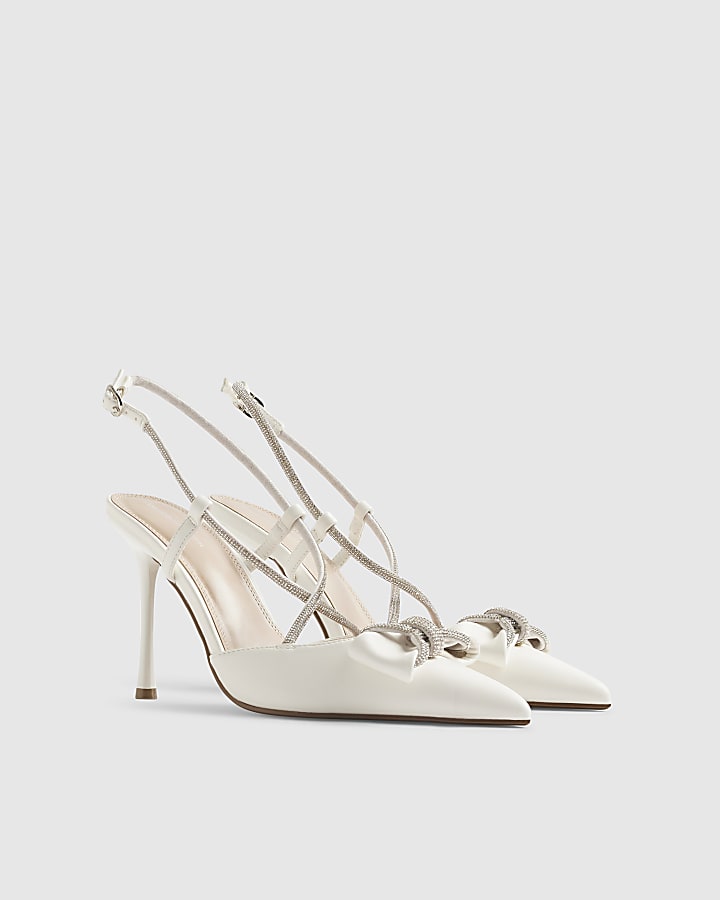 White Bow Diamante Court Heels