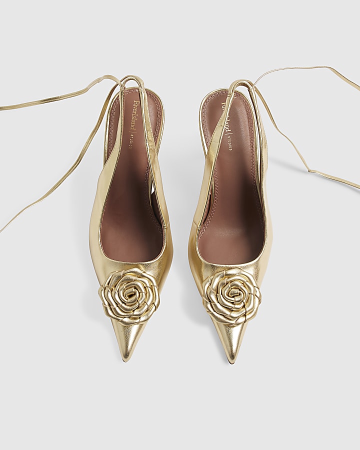 Gold Lace Up Rose Court Heels