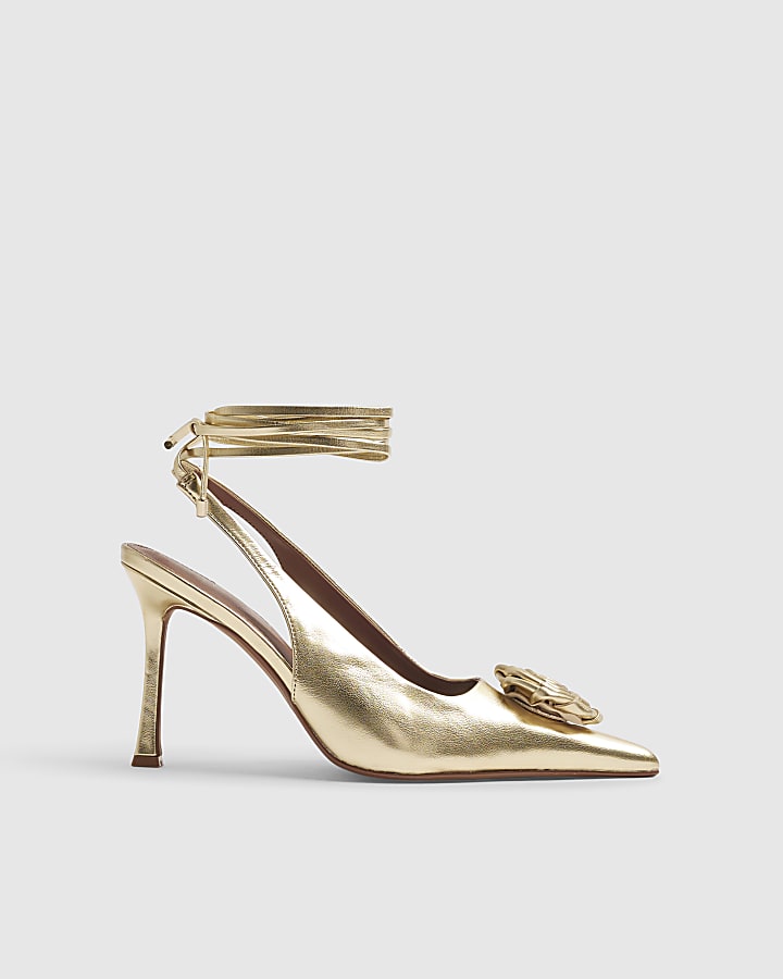 Gold Lace Up Rose Court Heels