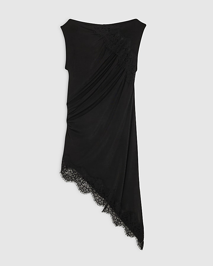 Black Lace Trim Asymmetric Tunic Top