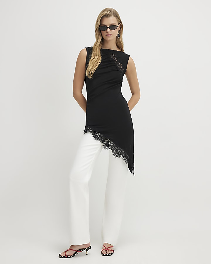 Black Lace Trim Asymmetric Tunic Top