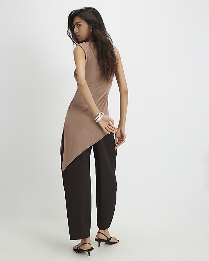 Brown Lace Trim Asymmetric Tunic Top