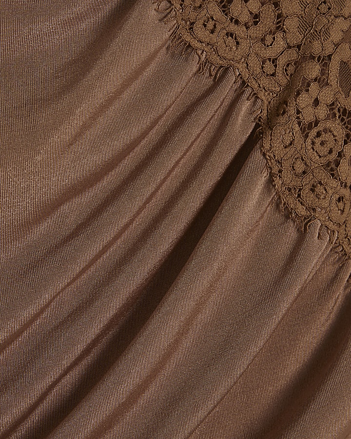 Brown Lace Trim Asymmetric Tunic Top