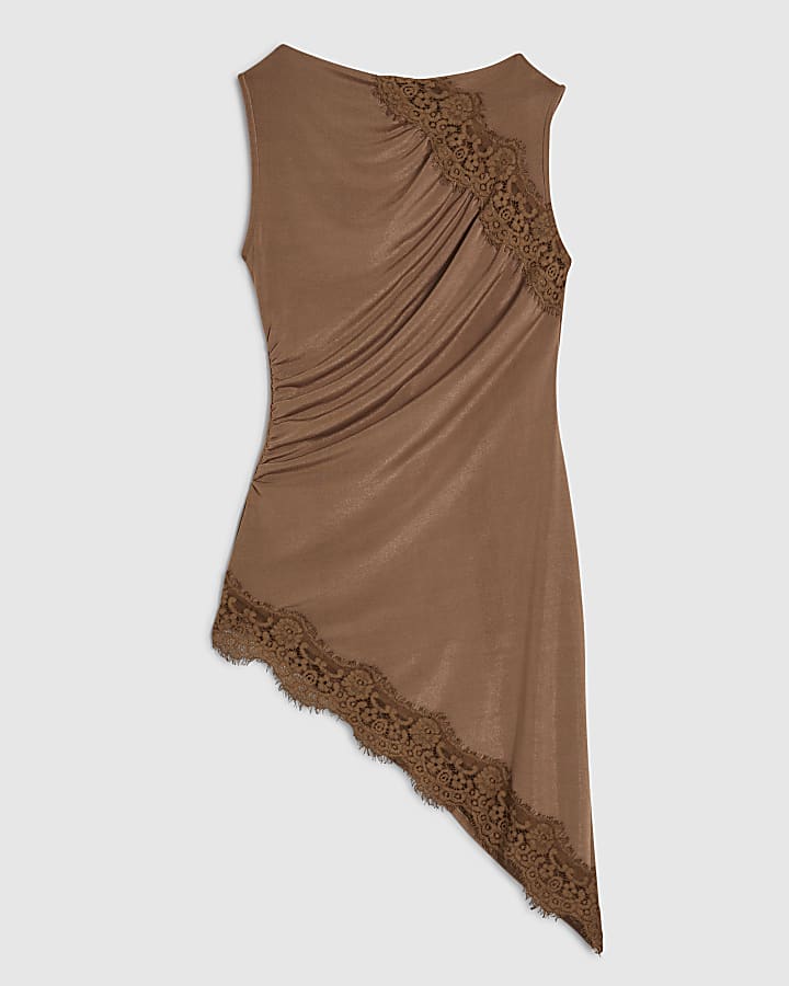 Brown Lace Trim Asymmetric Tunic Top
