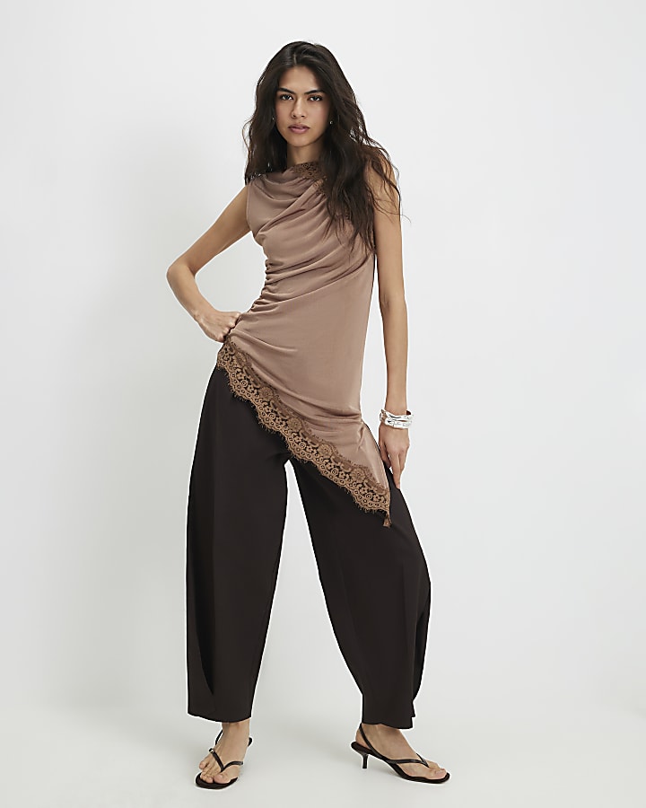 Brown Lace Trim Asymmetric Tunic Top