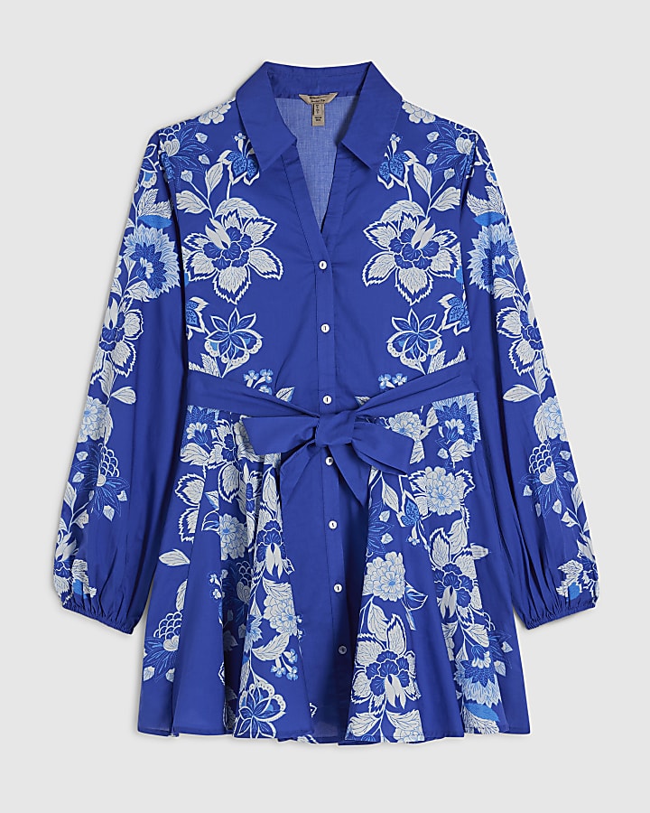 Blue Cotton Floral Belted Mini Shirt Dress