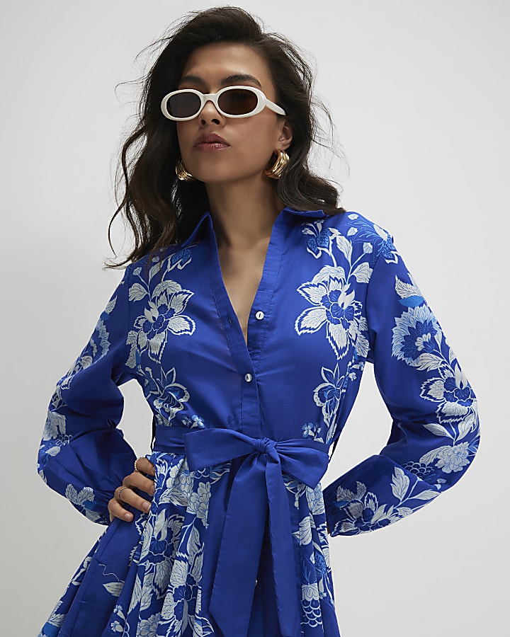 Blue Cotton Floral Belted Mini Shirt Dress