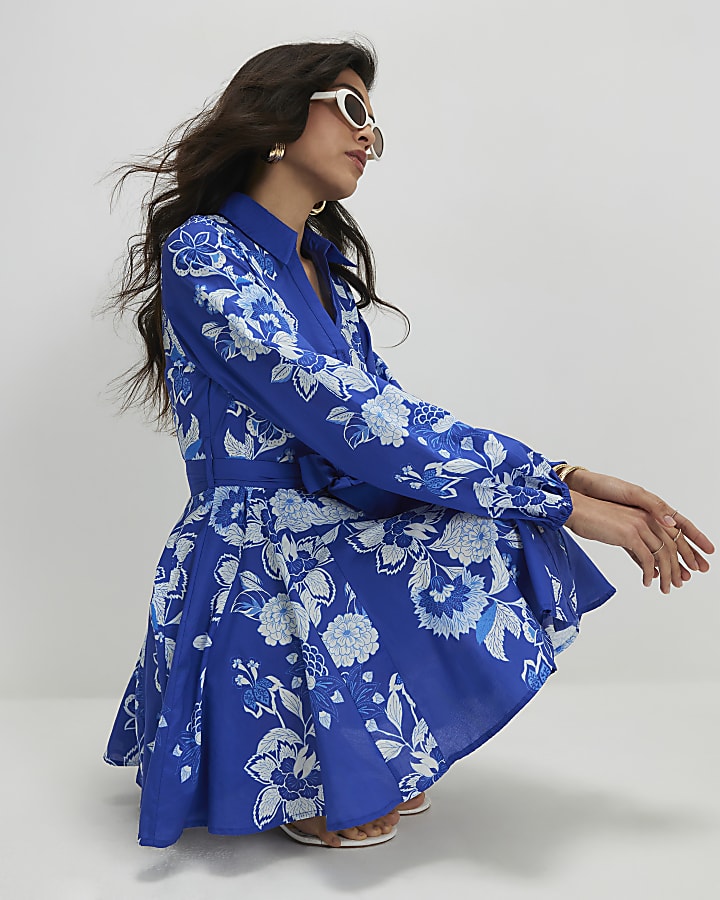Blue Cotton Floral Belted Mini Shirt Dress