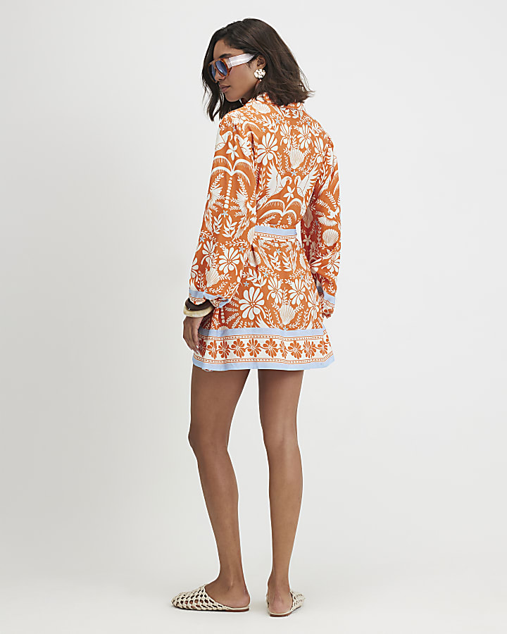 Orange Cotton Floral Print Belted Shirt Dress