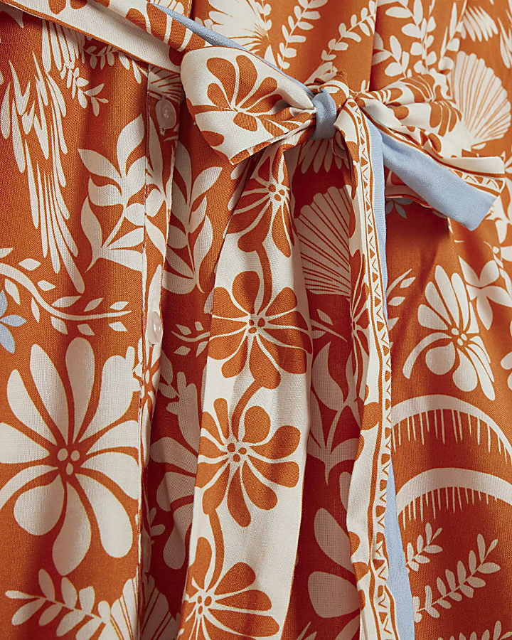 Orange Cotton Floral Print Belted Shirt Dress