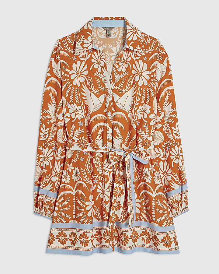 Orange Cotton Floral Print Belted Shirt Dress