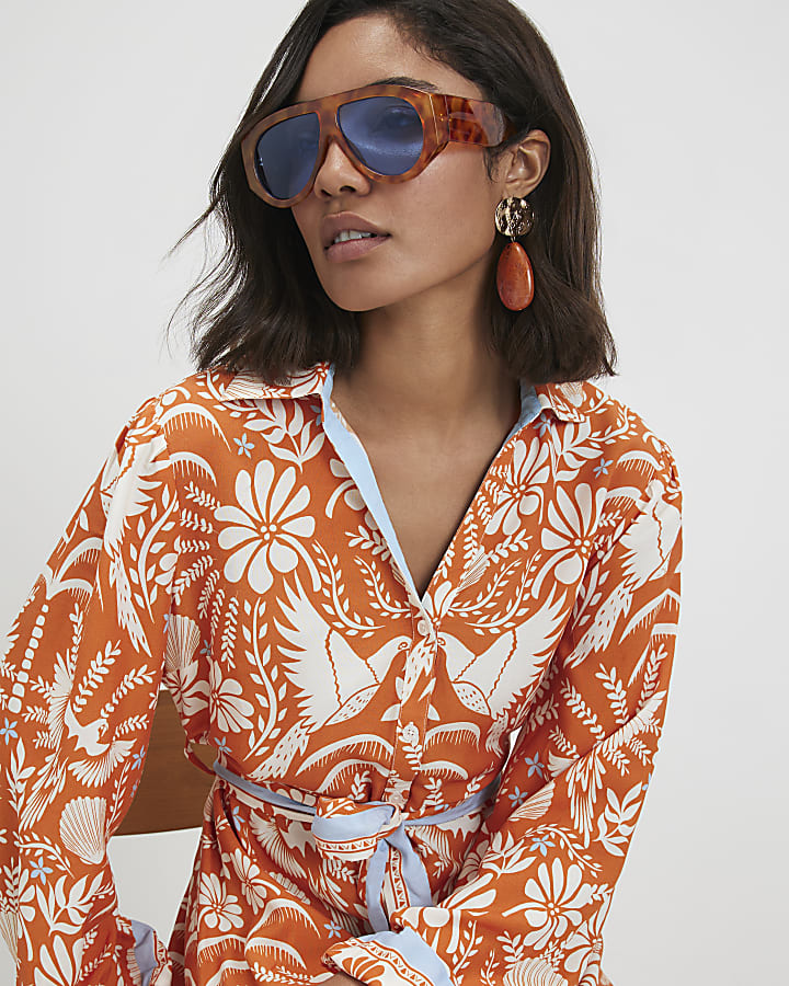 Orange Cotton Floral Print Belted Shirt Dress