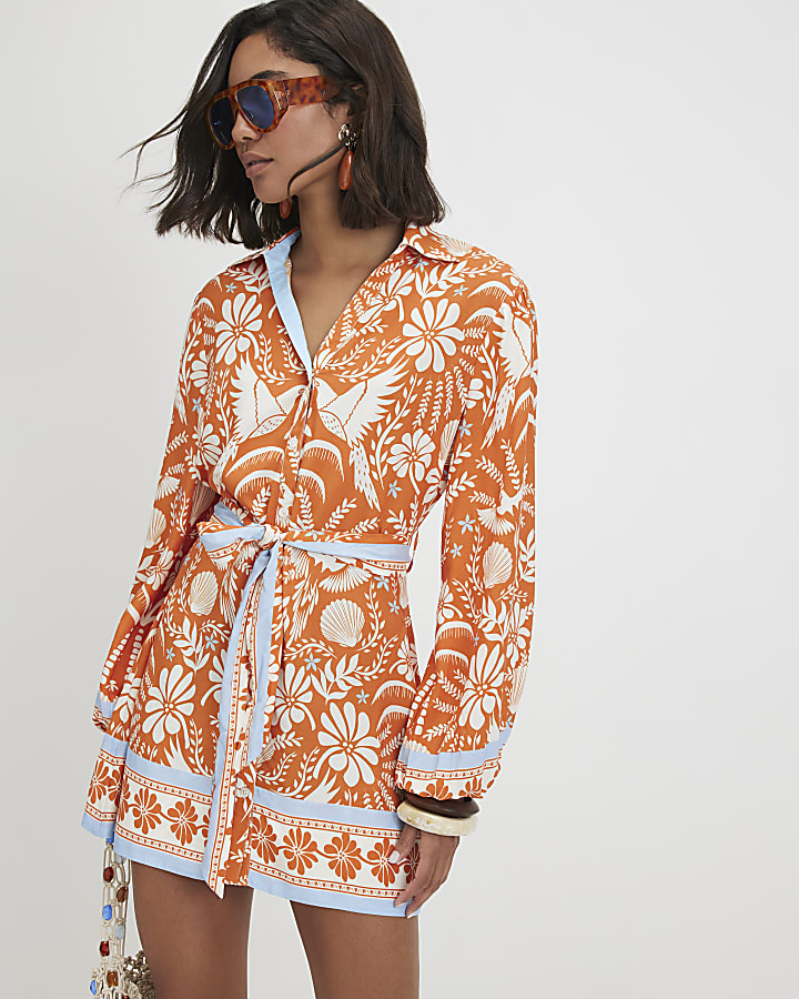 Orange Cotton Floral Print Belted Shirt Dress