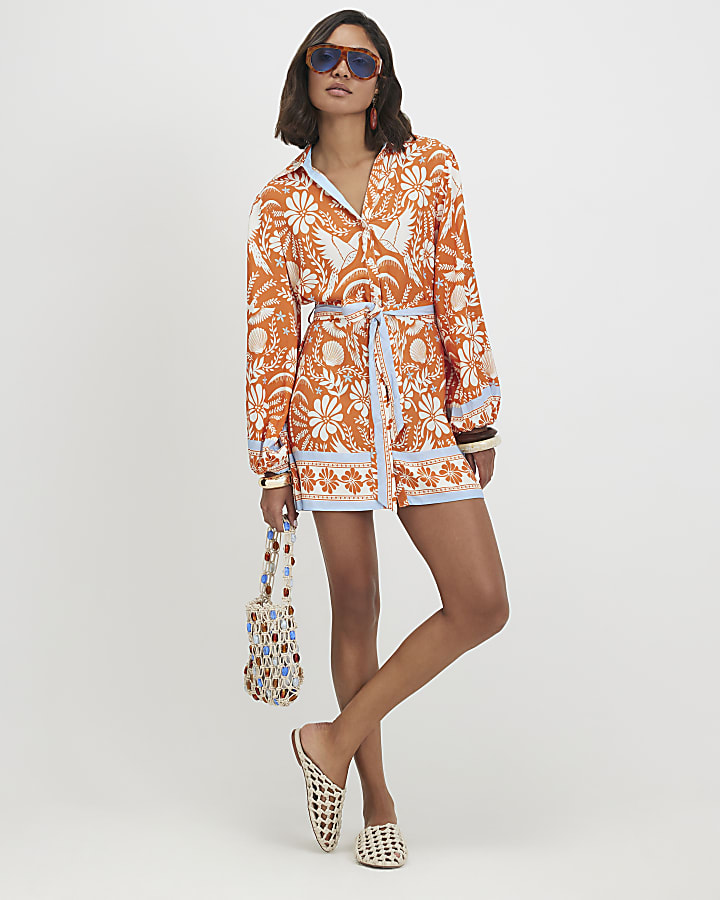 Orange Cotton Floral Print Belted Shirt Dress