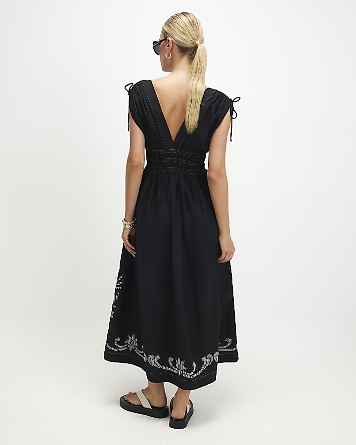 Black Cutwork Hem Midi Dress