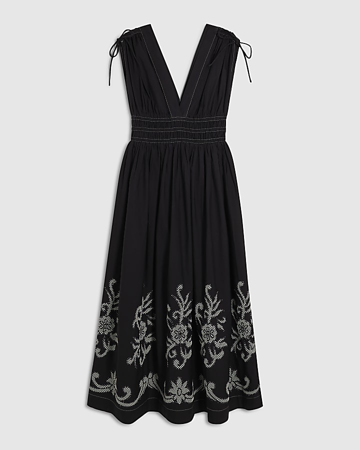 Black Cutwork Hem Midi Dress