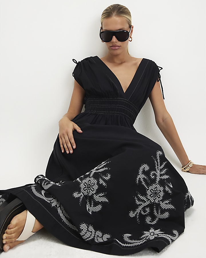 Black Cutwork Hem Midi Dress