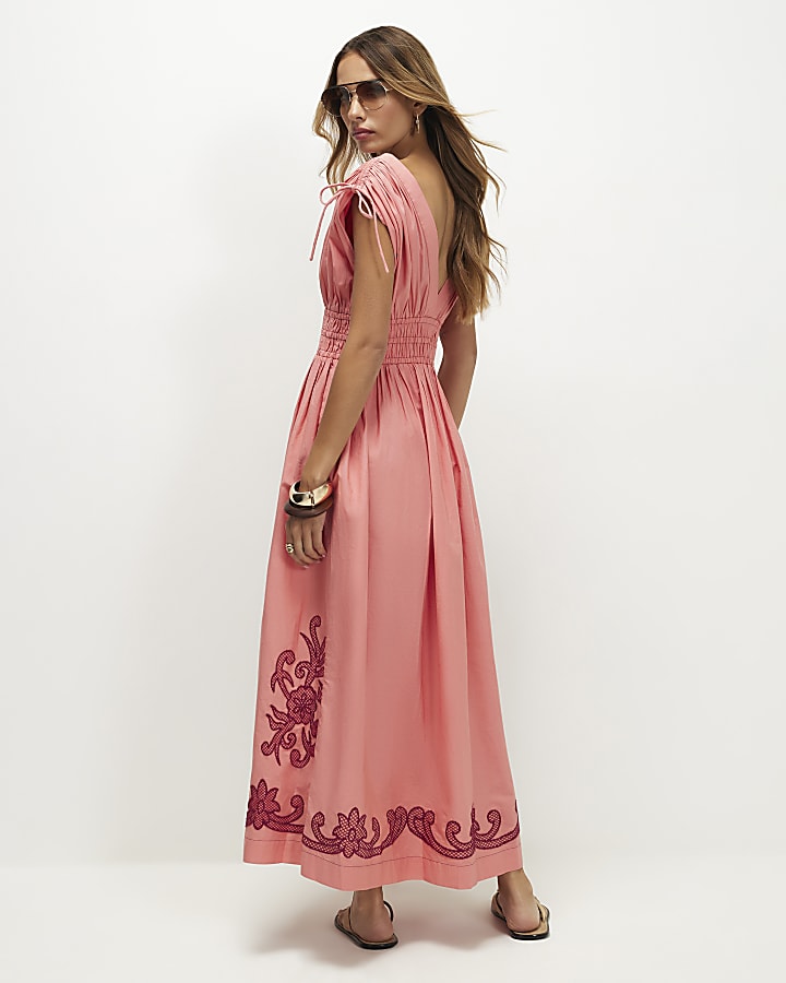Pink Cutwork Hem Midi Dress