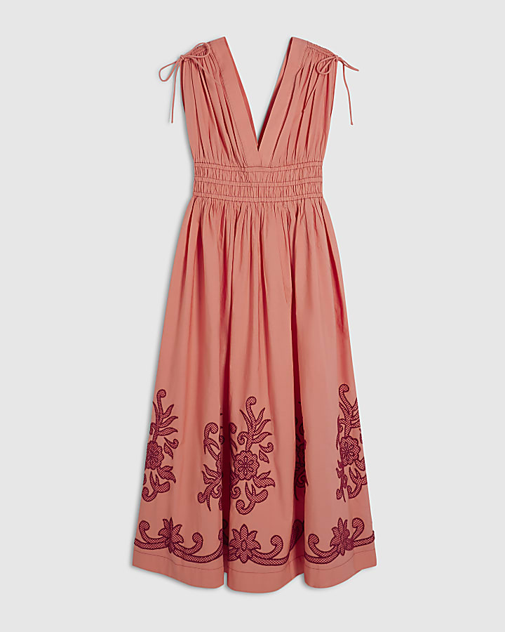 Pink Cutwork Hem Midi Dress