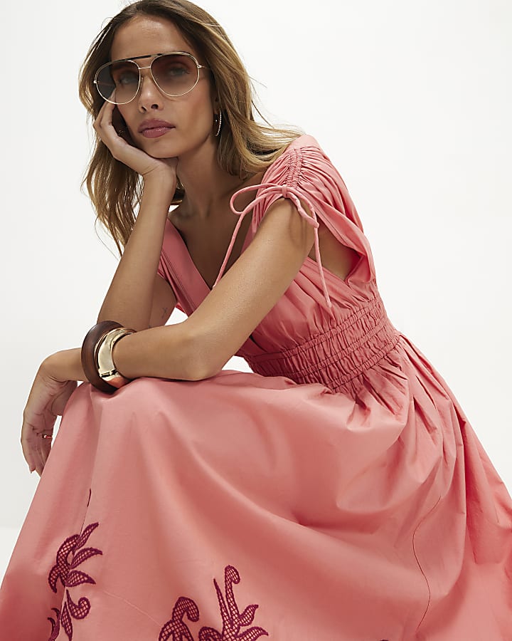 Pink Cutwork Hem Midi Dress