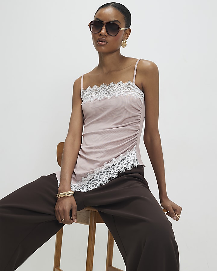 Pink Sleeveless Lace Trim Cami Top