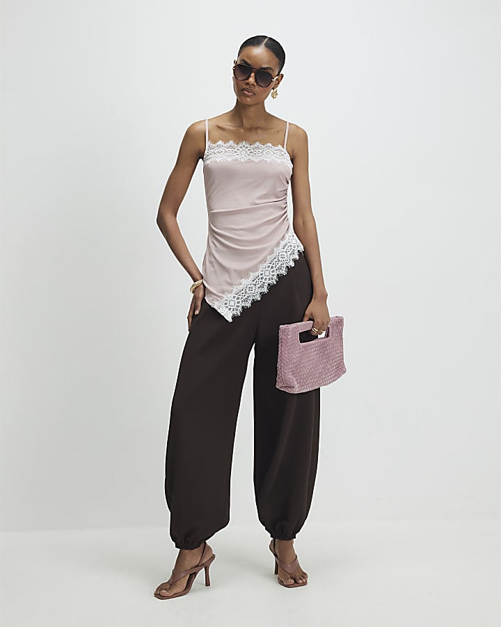 Pink Sleeveless Lace Trim Cami Top