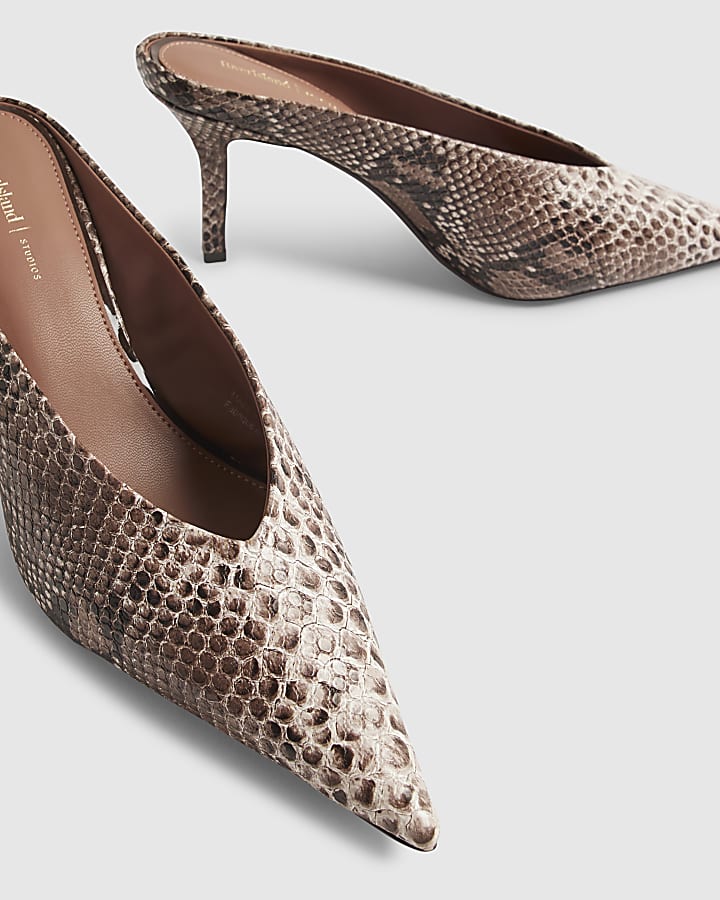 Brown Snake Print Mule Court Heels
