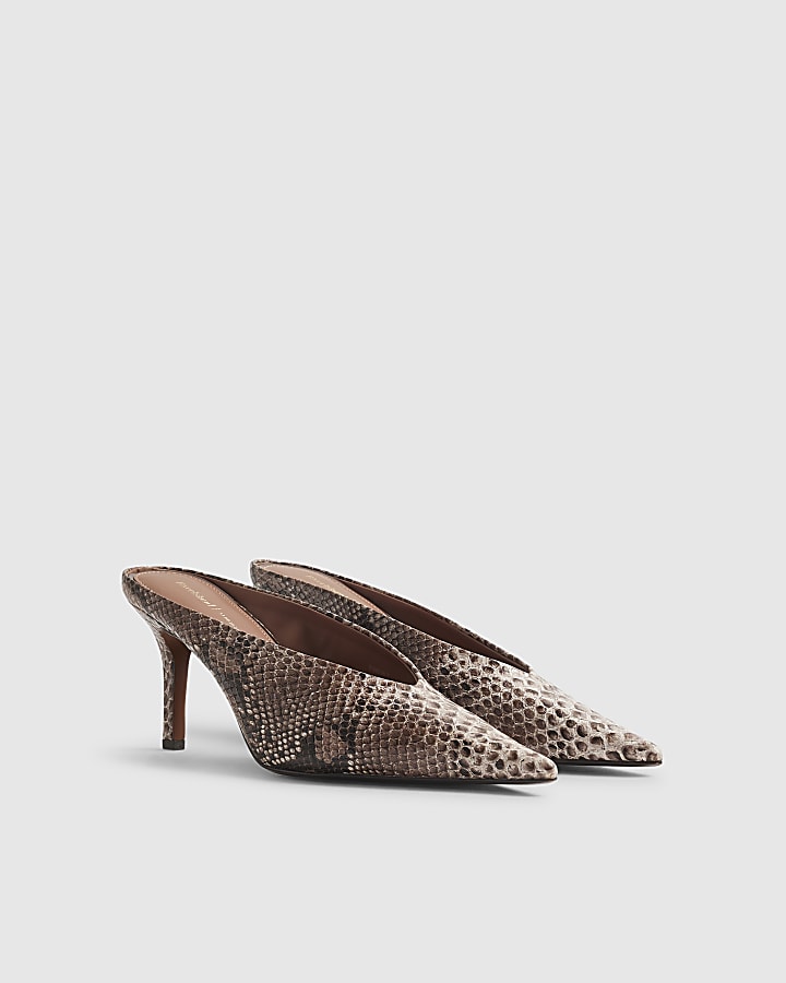 Brown Snake Print Mule Court Heels