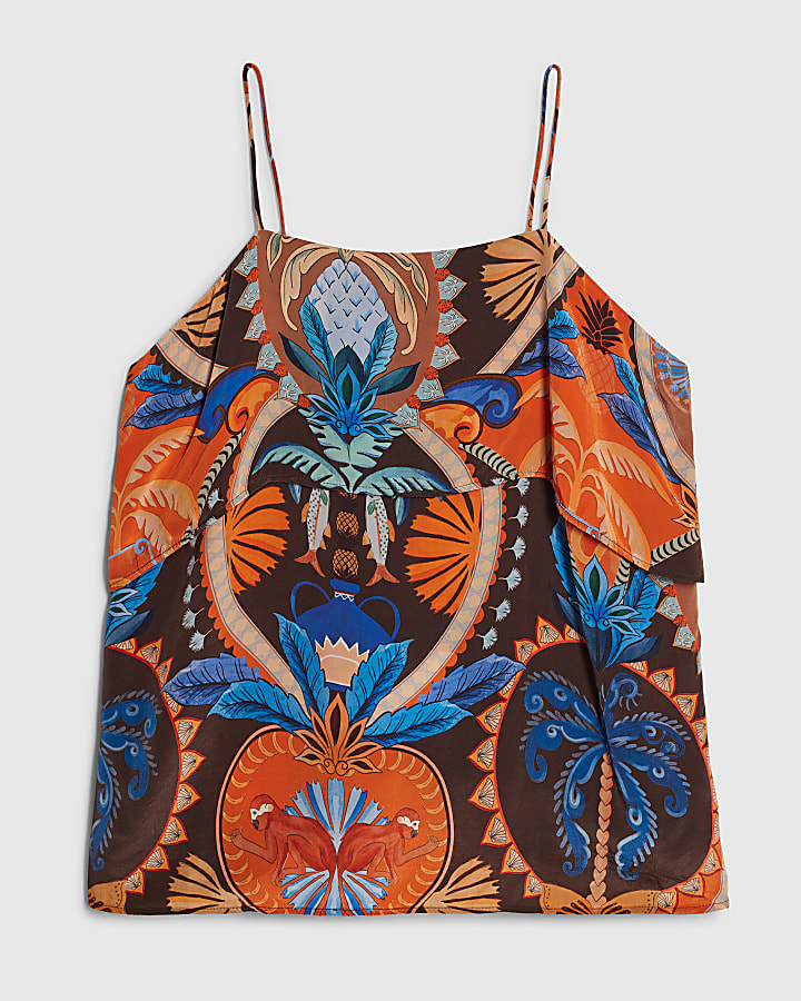 Petite Brown Placement Print Tiered Cami Top