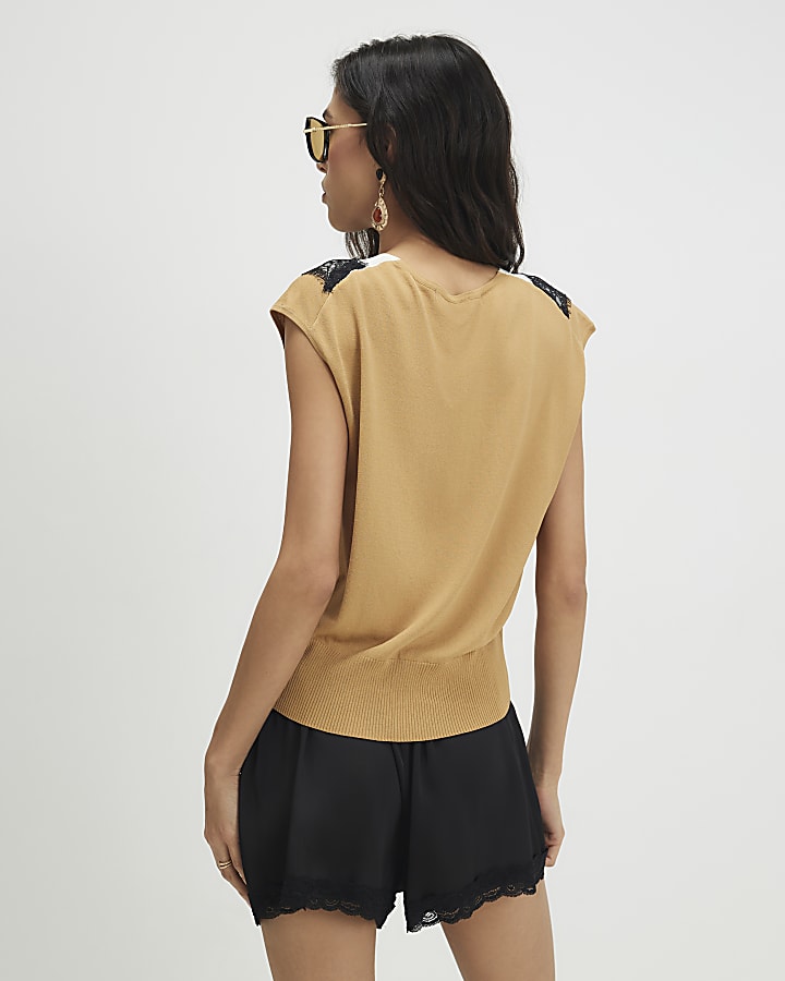 Brown Knitted Lace Trim V Neck Top