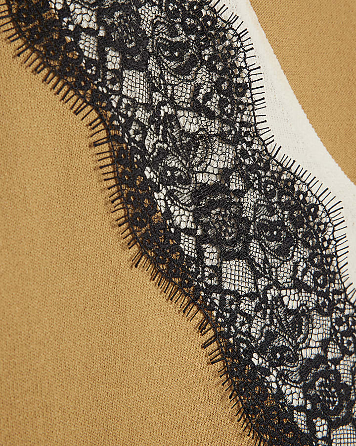 Brown Knitted Lace Trim V Neck Top