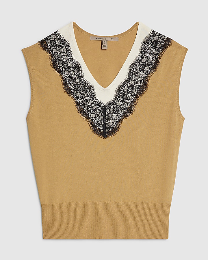 Brown Knitted Lace Trim V Neck Top