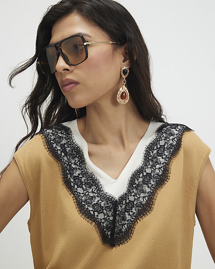 Brown Knitted Lace Trim V Neck Top