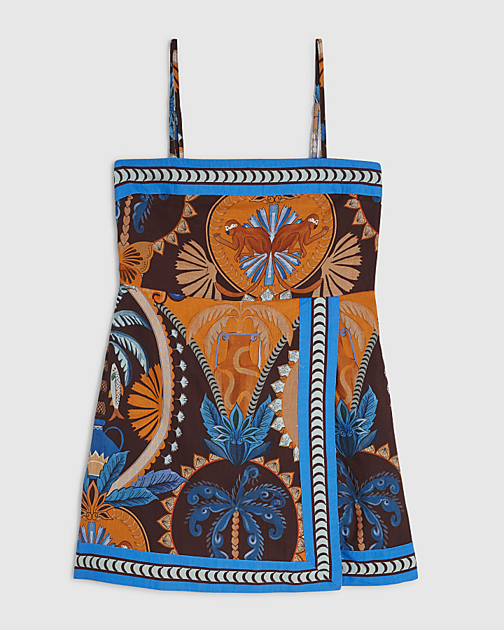 Petite Brown Palm Print Playsuit