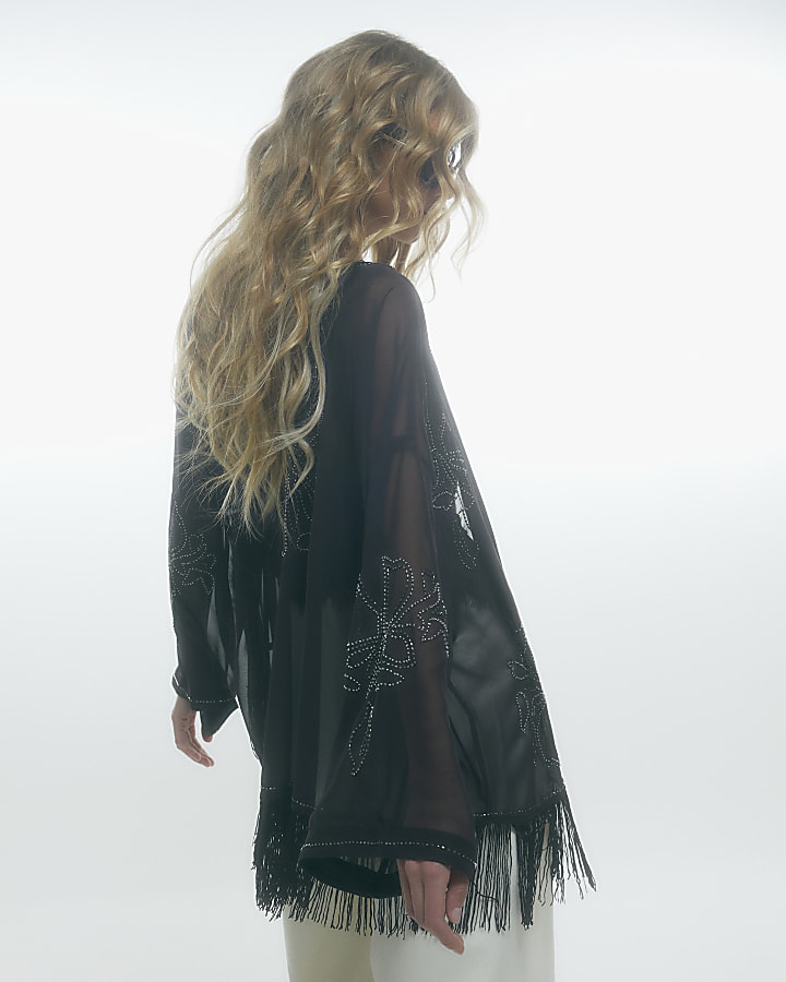 Brown Beaded Tassel Side Tie Kimono
