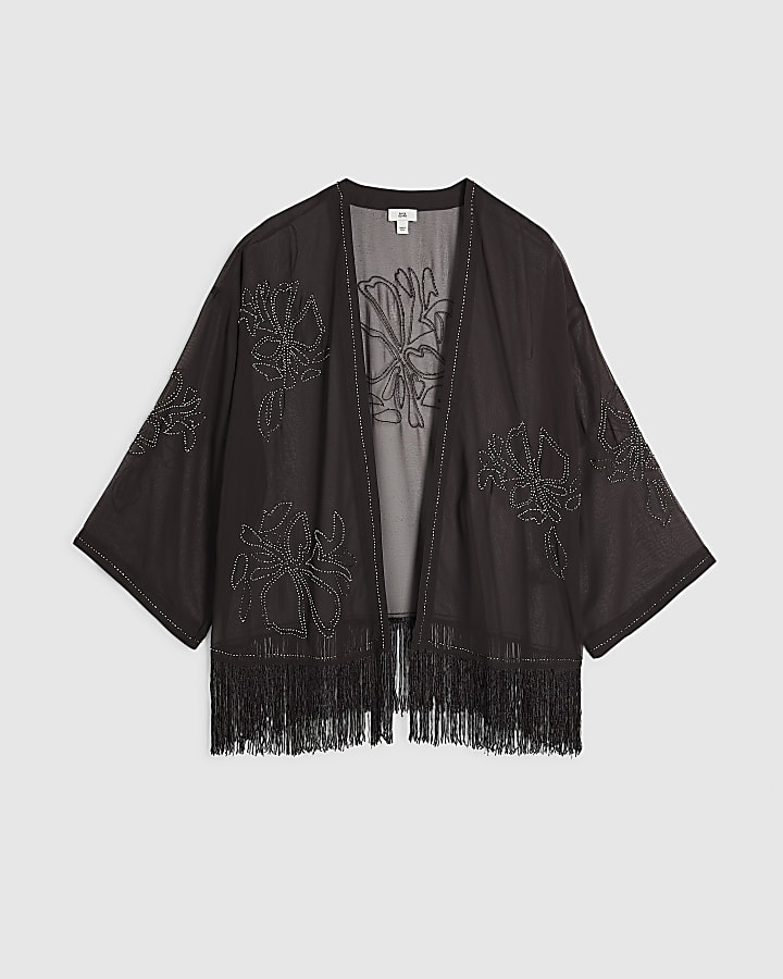 Brown Beaded Tassel Side Tie Kimono