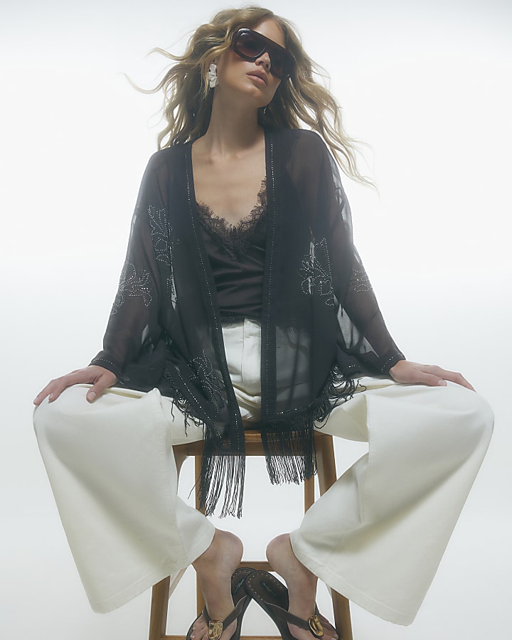 Brown Beaded Tassel Side Tie Kimono