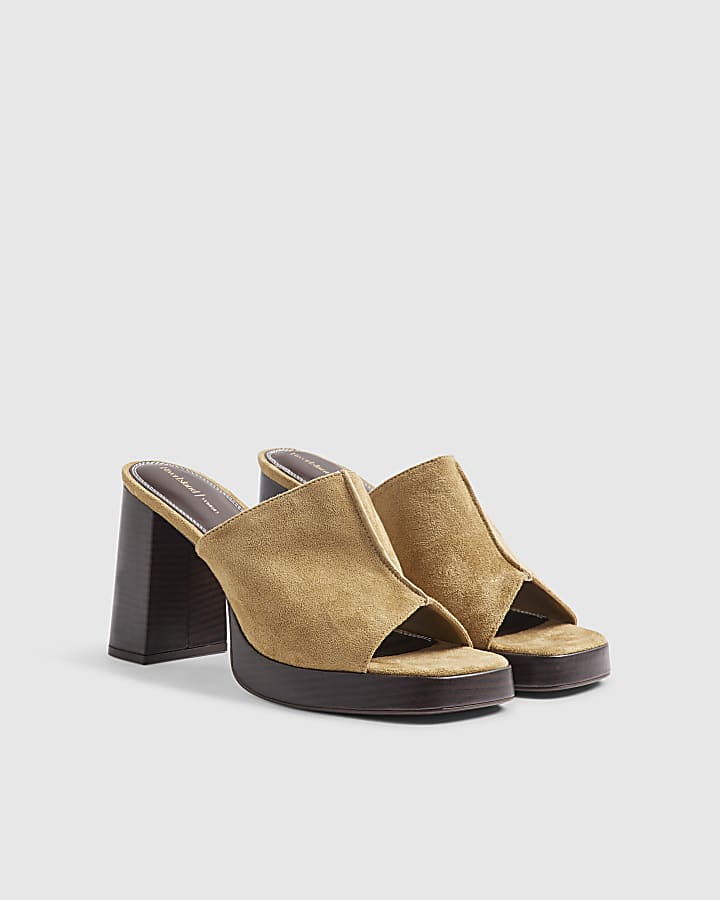Beige Faux Suede Heeled Mule Sandals